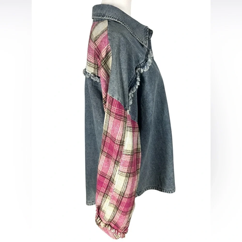 Umgee Boho Oversized Baggy Distressed Fringe Washed Denim & Plaid Shacket Sz M